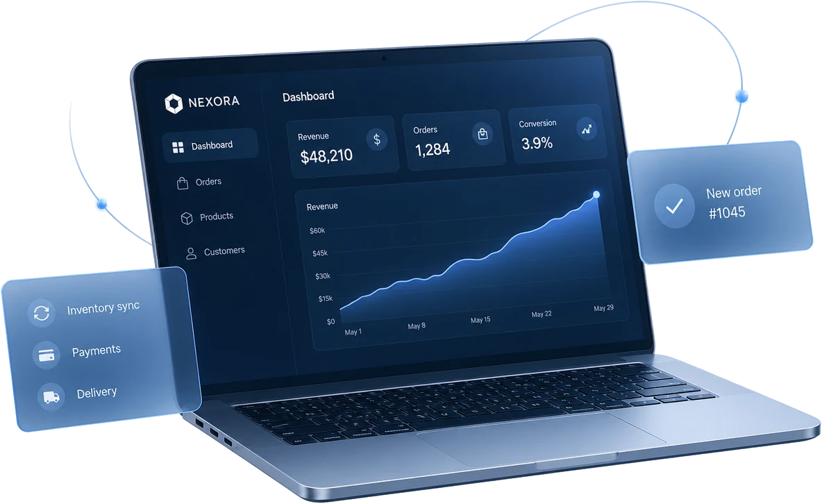 Online store dashboard with revenue and orders on a laptop