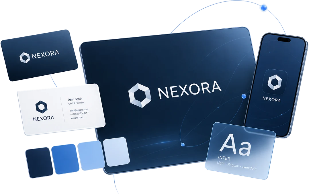 Brand identity board with logo, business cards and colors