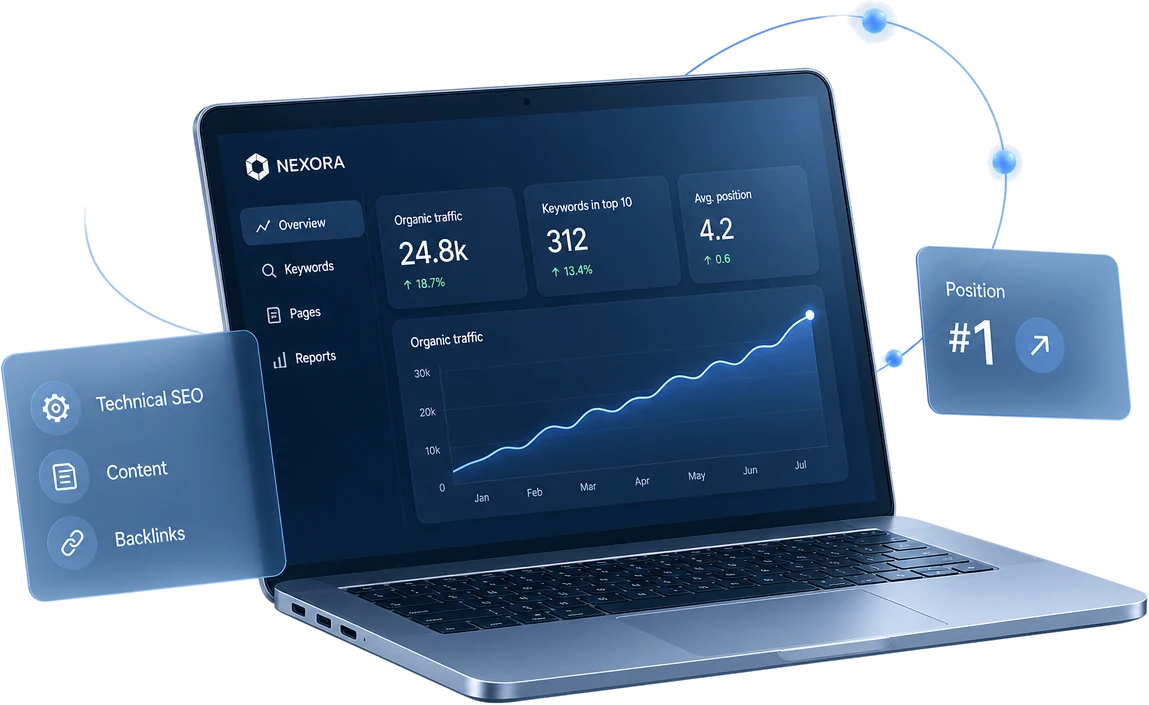 SEO dashboard with organic traffic and keyword rankings on a laptop