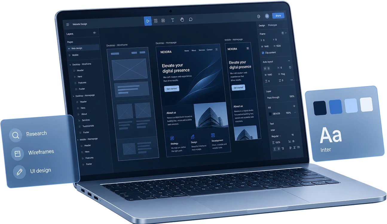 Design workspace with wireframes and components on a laptop